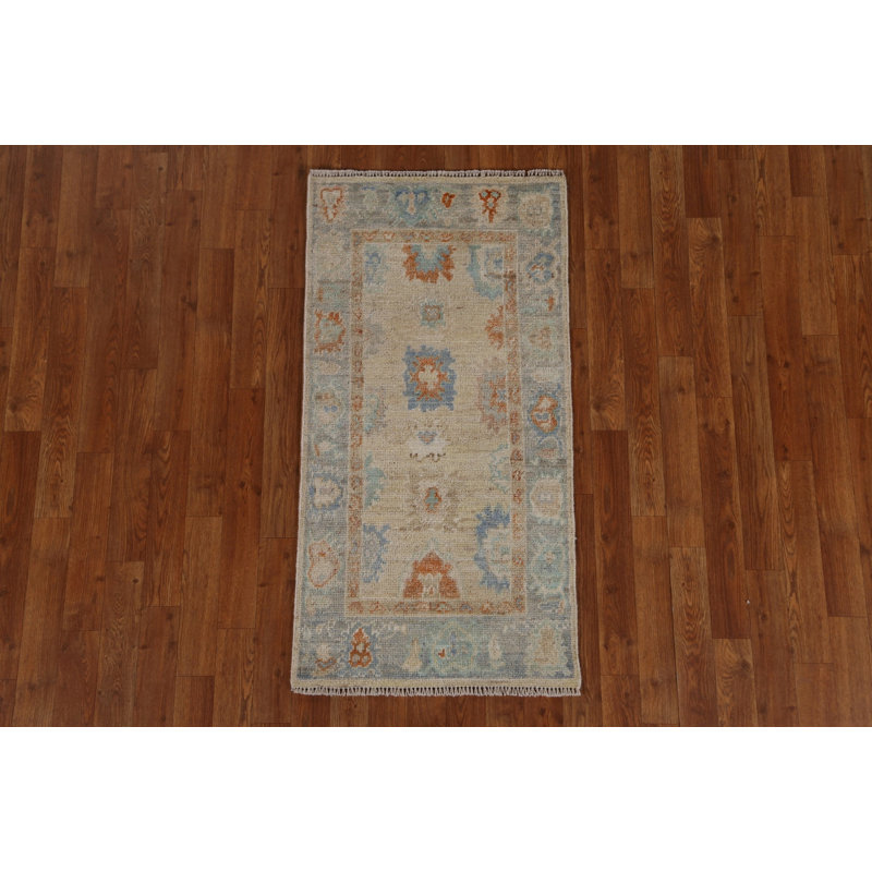 Tapis beige en laine noué à la main de conception unique 2 pi 0 po x 4 pi 0 po New Age