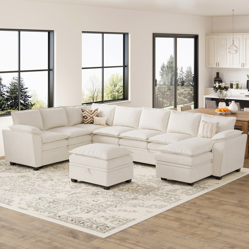 Luna Large Chenille U-Shaped Stoarge Sofa Convertible Oversized Pull Out Bed Sleeper Livingroom Couch With Ottoman