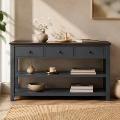Retro Design Console Table with Two Open Shelves, Pine Solid Wood Frame and Legs for Living Room