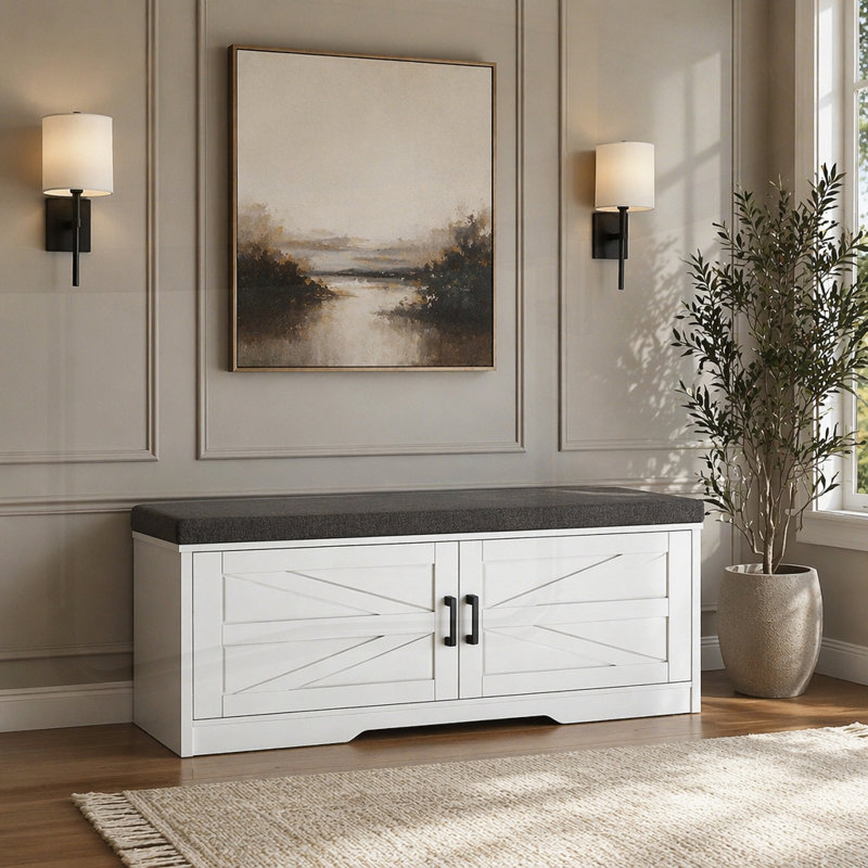 Banc de rangement à 2 niveaux avec siège rembourré, 2 portes de grange et tablettes réglables pour l'organisation du vestibule