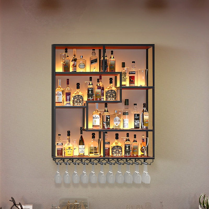 Support à vin et porte-bouteilles mural en métal noir Joeziah, H 47,20 po x l 39,30 po x P 9,84 po