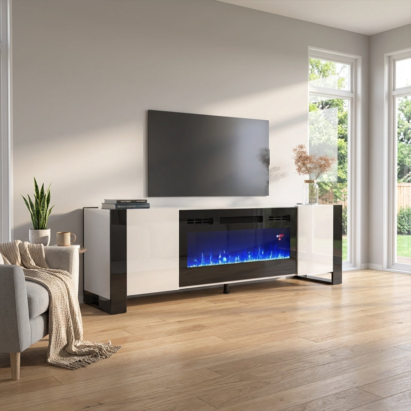 Rickeisha 77.2" Modern TV Stand with Electric Fireplace, High Gloss Finish, Media Storage, White/Black