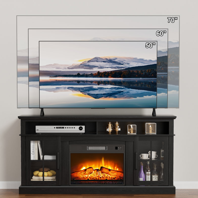 Meuble télé avec foyer électrique pour téléviseur de 65 po ou moins Siratro, Chêne noir