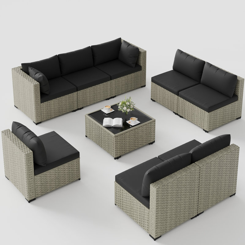 9 Pieces Design-Oriented Rattan Patio Conversation Sets With Cushions, Black