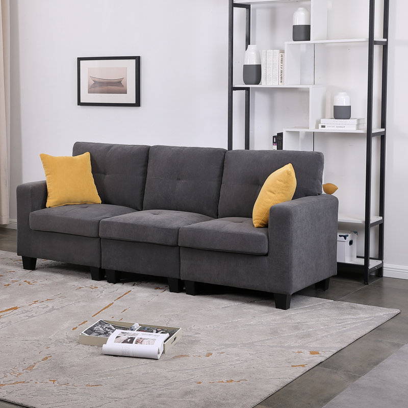 Chesham Breane 85.4'' Square Arm Modular Sofa With Solid Wood legs & 2 Pillows, Dark Gray Polyester Blend