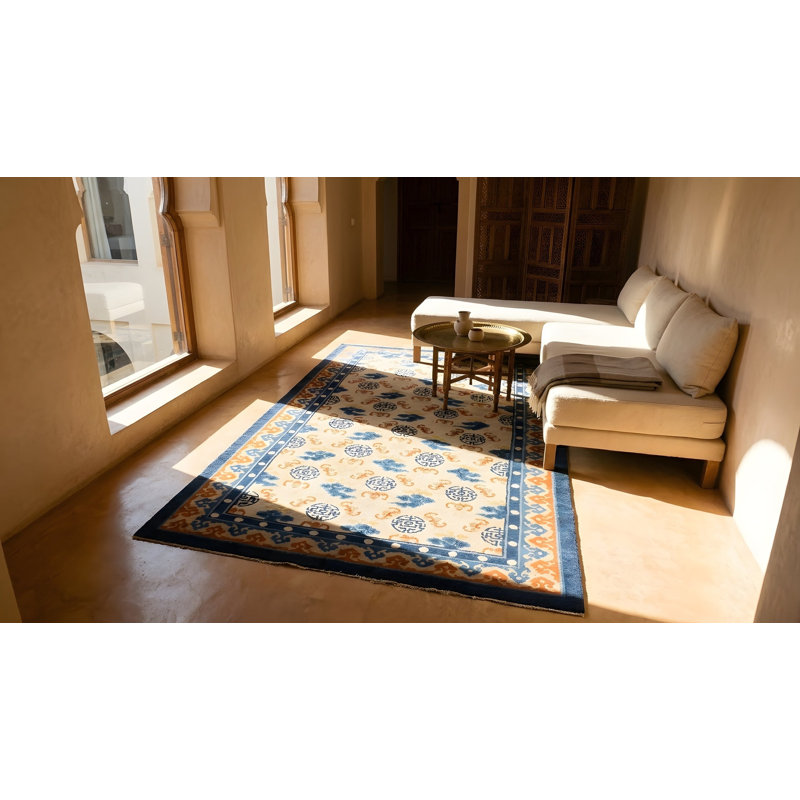 Tapis ivoire antique en laine Kansu