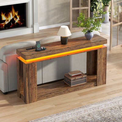 Console de 63 po de long avec lumières à DEL et prise de courant, canapé de ferme à 2 niveaux avec rangement (brun)