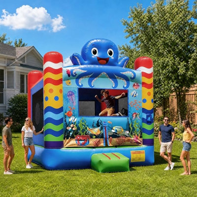 Jeu gonflable gonflable de qualité commerciale: grand château gonflable de 13 pi (L) pour adultes et adolescents - Souffleur de 750 W, panier de basketball, PVC de qualité supérieure, style arc-en-ciel - pour l'intérieur et l'extérieur