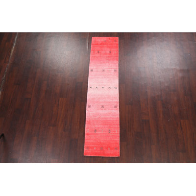 Tapis de couloir unique en laine noué à la main de style nouvel âge 1 pi 9 po x 7 pi 6 po corail / beige