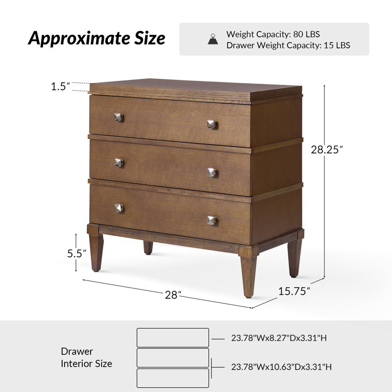 Taesan Transitional  27'' W 3-Drawer End Table with Charging Station and Solid Wood Legs, Walnut