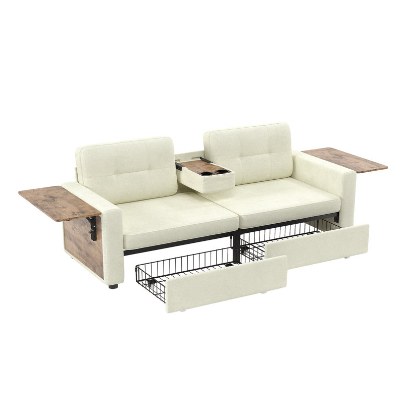 Canapé deux places avec rangement coulissant, tables d'appoint pliables et porte-gobelet
