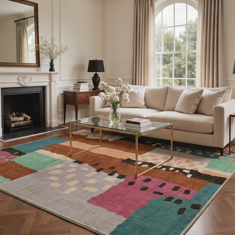 Ansal Modern Abstract Machine Washable Multiple Color Indoor Area Rug With Non-Slip Backing, Rectangle 5' x 7'