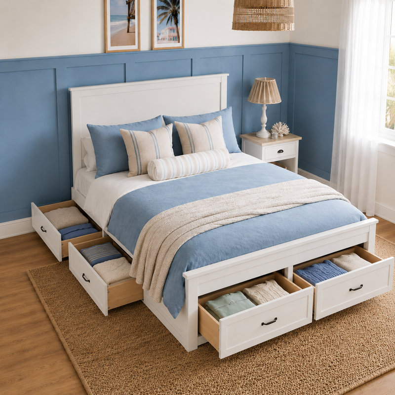 Modern Queen Size Platform Bed with 6 Storage Drawers and Wood Slat Support, White