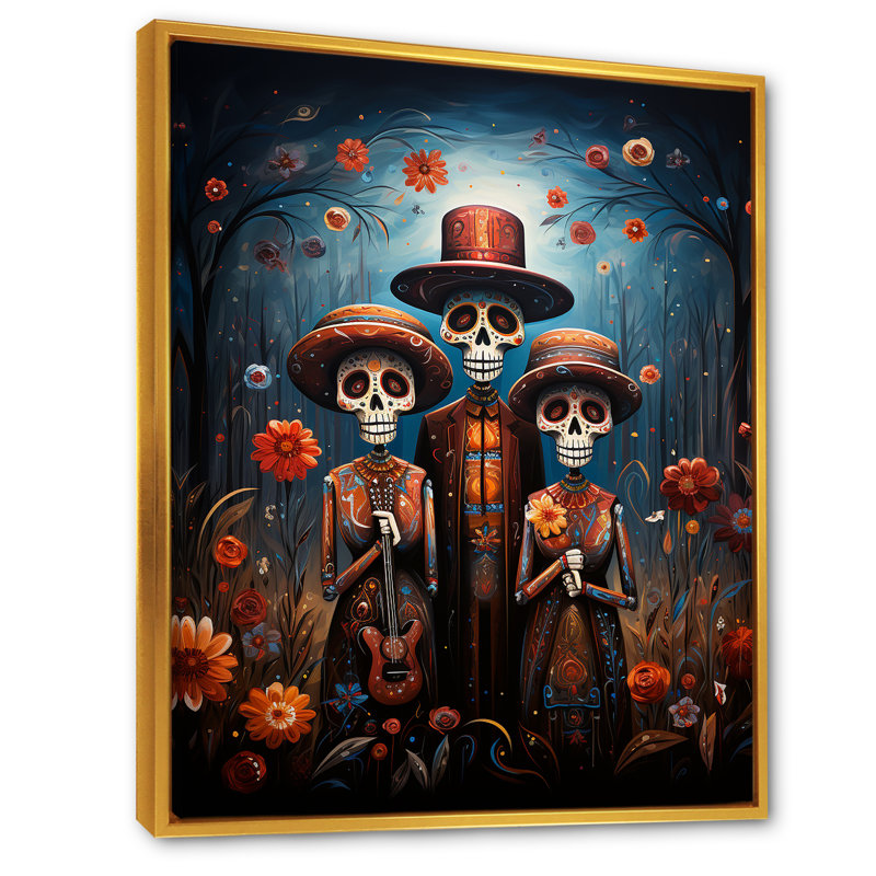 Art mexicain, Jour des Morts 2 - Art mural mexicain, Cadre flottant doré, 40" H x 30" W