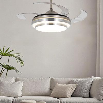 42" Silver Retractable Ceiling Fan with Light and Remote, 6-Speed Modern Fandelier with Clear Blades and 3-Color LED