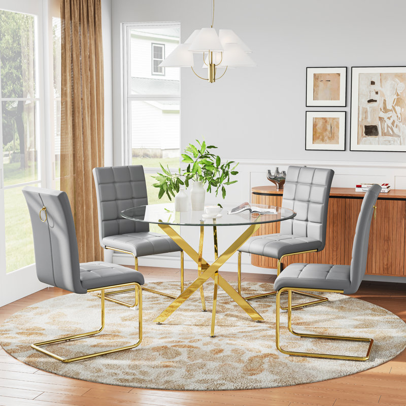 5 - Piece Glass Top Dining Set (set Of 5), Gold, Gray/Gold