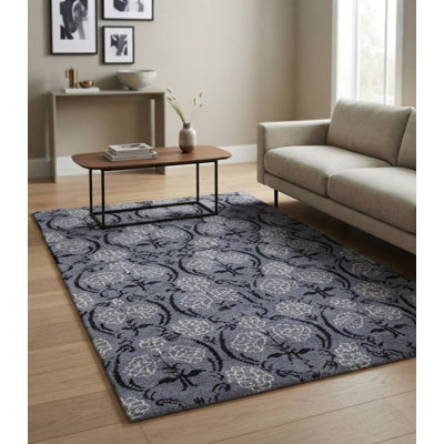 Floral Hand Knotted Silk Gray | Black Runner Indoor Area Rug