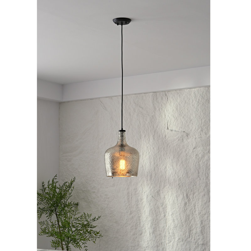 Kettner 1 - Light 9.5" Crack Silver Ripple Glass Antique Black Pendant, Silver
