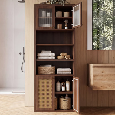 Armoire de rangement pour salle de bain, grand organisateur de lin autoportant étroit avec portes en rotin, unité à compartiments multiples avec tablettes réglables, résistant à l'humidité pour les espaces compacts