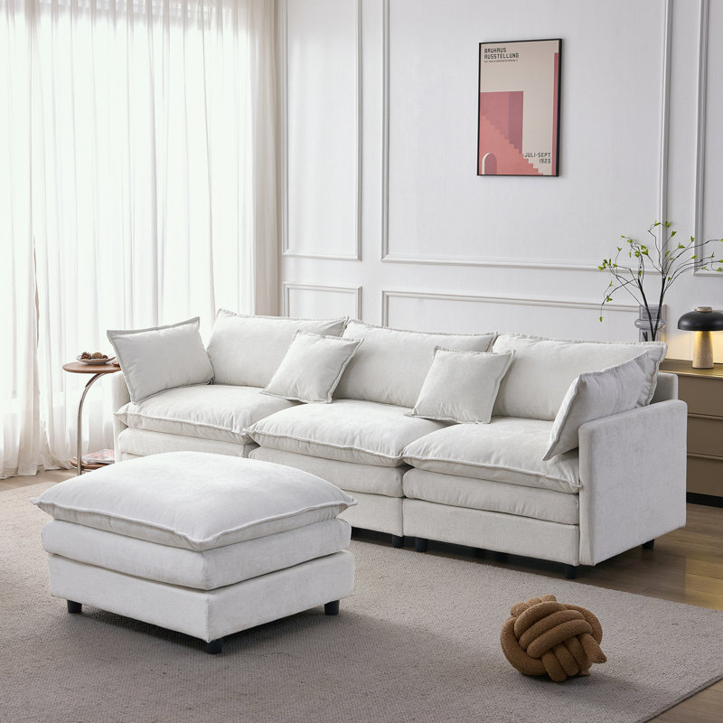 Canapé modulaire en L en chenille avec repose-pieds, Chenille beige