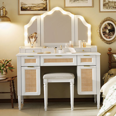 44.37 " Makeup Vanity Desk With 13 Hollywood Bulbs And 3 Lighting Modes,Dressing Table With Tri-Fold Mirror;Large Vanity Table With 5 Drawers And Shelves And  Charging Station For Bedroom, White