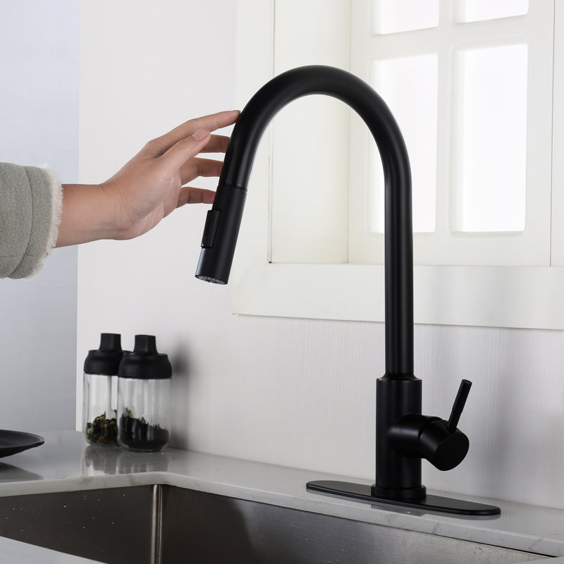 Robinet de cuisine noir mat avec robinet rétractable - Acier inoxydable, buse rotative à 360 degrés pour un lavage efficace de l'évier, compatible poignet, corrosion et rouille, température et débit d'eau à une poignée