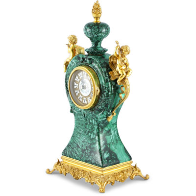 Horloge de cheminée en porcelaine émeraude vert et bronze, horloge chérubin de style rétro de 17 pouces avec motif floral - Décoration de table pour manteau de cheminée, tablette, console et vestibule