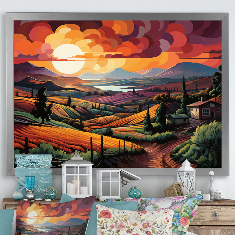 «Vineyard Sunset Rows Of Ruby Landscape III», reproduction sur toile, H 24 po x l 32 po x P 1 po, Cadre photo argenté