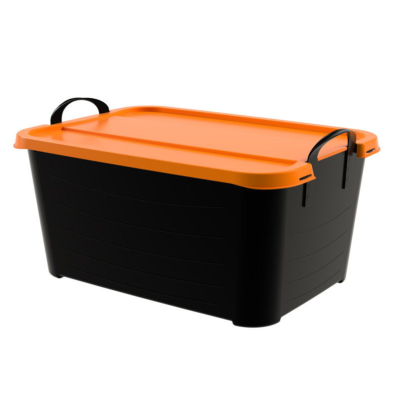  55Qt Stackable Storage Bin, Versatile Lidded Container, Black, 6 Pack, Black/Orange