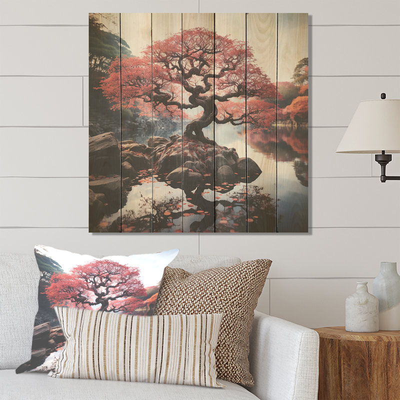 Bonsai rouge majestueux II - impression sur bois, H 15 po x l 15 po
