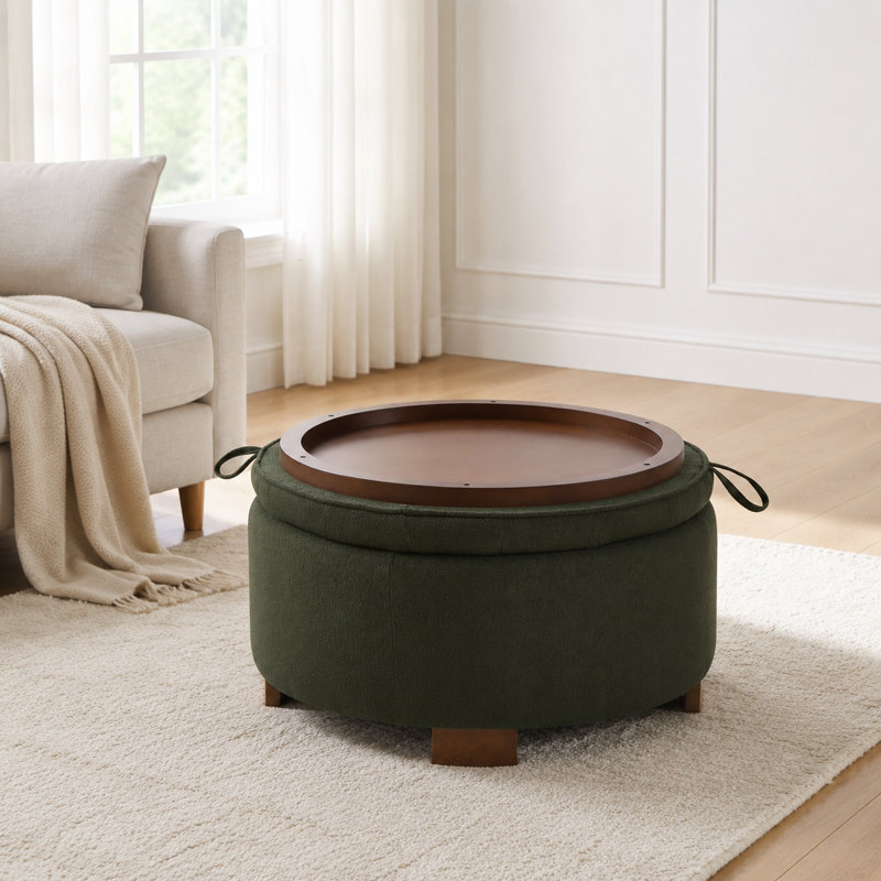 Repose-pieds de rangement rond multifonctionnel avec couvercle rabattable réversible, repose-pieds rembourré avec compartiment de rangement caché spacieux, pieds en bois robustes, siège supplémentaire double usage et table d'appoint