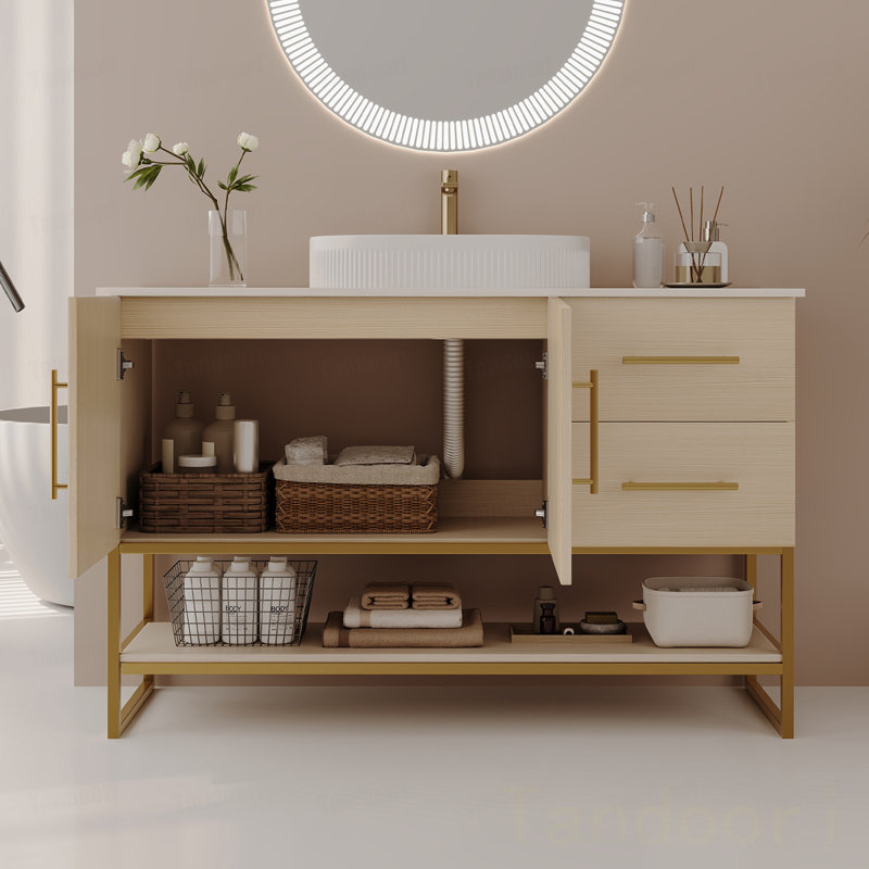 Meuble-lavabo moderne avec lavabo vasque en céramique, armoire autoportante dorée, Oak