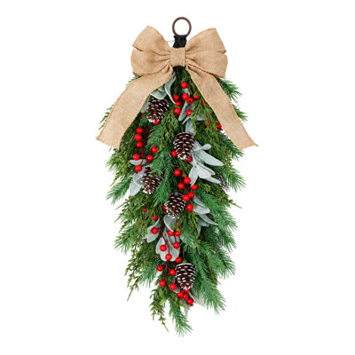 Ornement de Noël artificiel 25,59 "avec nœud en toile de jute, fausses branches de pin en PVC, baies rouges, pommes de pin et oreilles de lapin floquées, décoration de Noël rustique