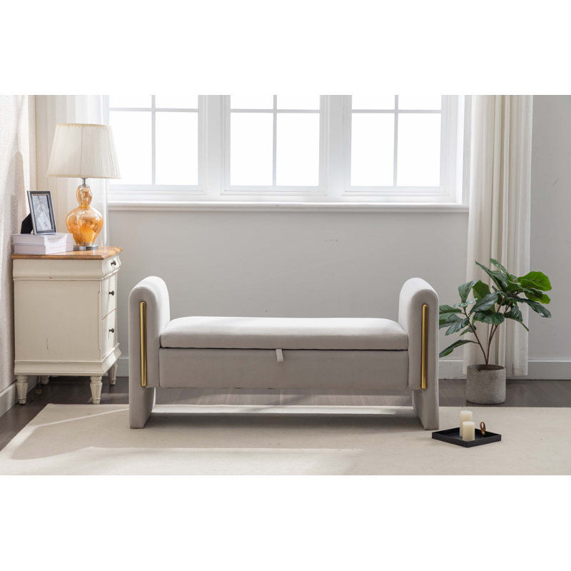 Banc de rangement rembourré Ferreri, Velours gris clair, H 24,6 po x l 53,1 po x P 17,7 po