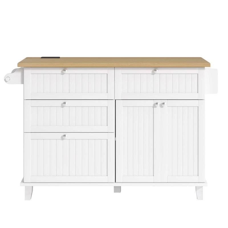Farmhouse Kitchen Island with Drop Leaf and 2 Seatings, Kitchen Table Set with Storage Cabinet, Drawers, Door Shelves and Power Outlet
