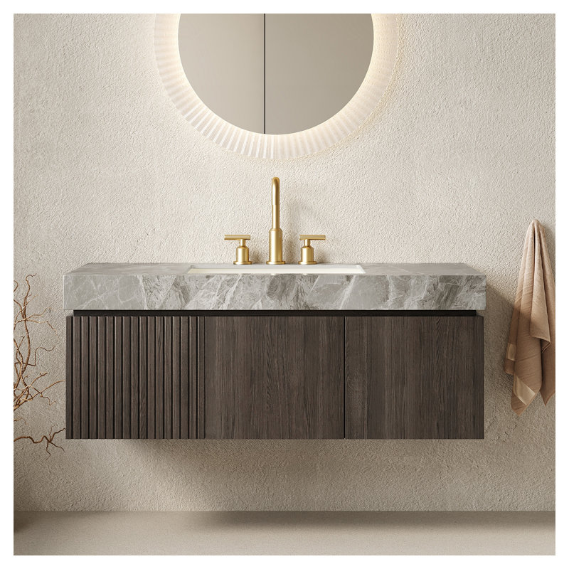 Meuble-lavabo suspendu MURI de 122 cm (48 po) avec comptoir en pierre frittée gris pâle, lavabo en céramique et armoire de rangement en contreplaqué de chêne brun