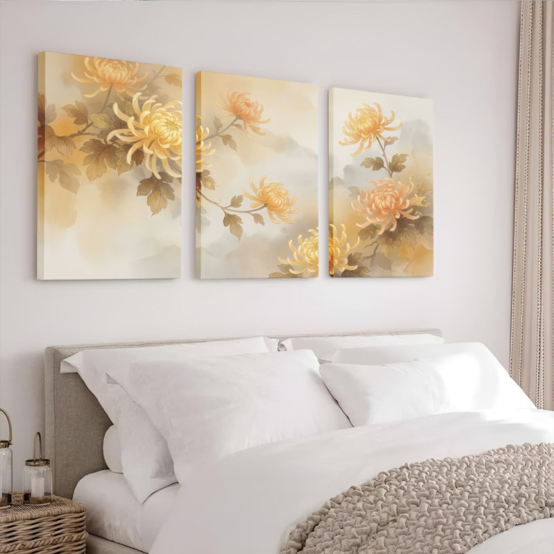 Ensemble de 3 tableaux sur toile à motif floral de chrysanthèmes, pour la décoration du salon et de la chambre.