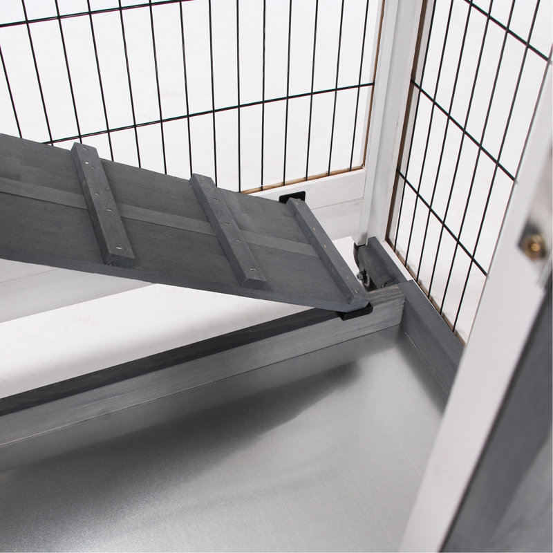 Wooden Rabbit Cage With Portable Wheels And Removable Agility Obstacle, Grey Secure Locking System,