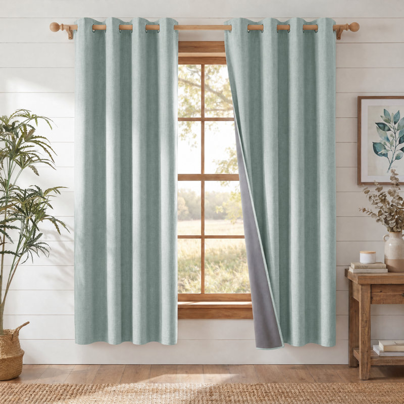 100% Blackout Linen Curtains for Bedroom, Burlap Linen Drapes with Thermal Insulated Grey Liner Grommet Noise Reducing Window Panels for Living room, 2 Panels