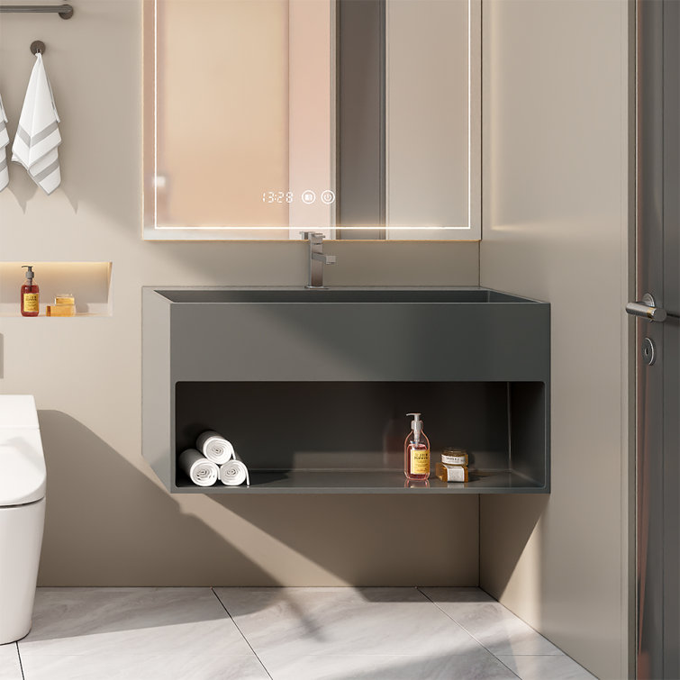 31.5" L X 17.7" W X 15.7" D Wall-Mount Bathroom Sink In Matte Grey Solid Surface Material SWBS05GR-3218