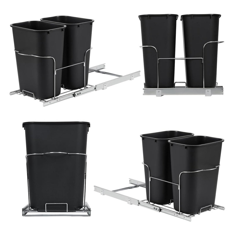 Poubelle coulissante double 2 x 25 pte sous l'armoire, poubelle de recyclage des déchets avec glissières à pleine extension, gestion des déchets écologique, poubelle coulissante pour les armoires de cuisine