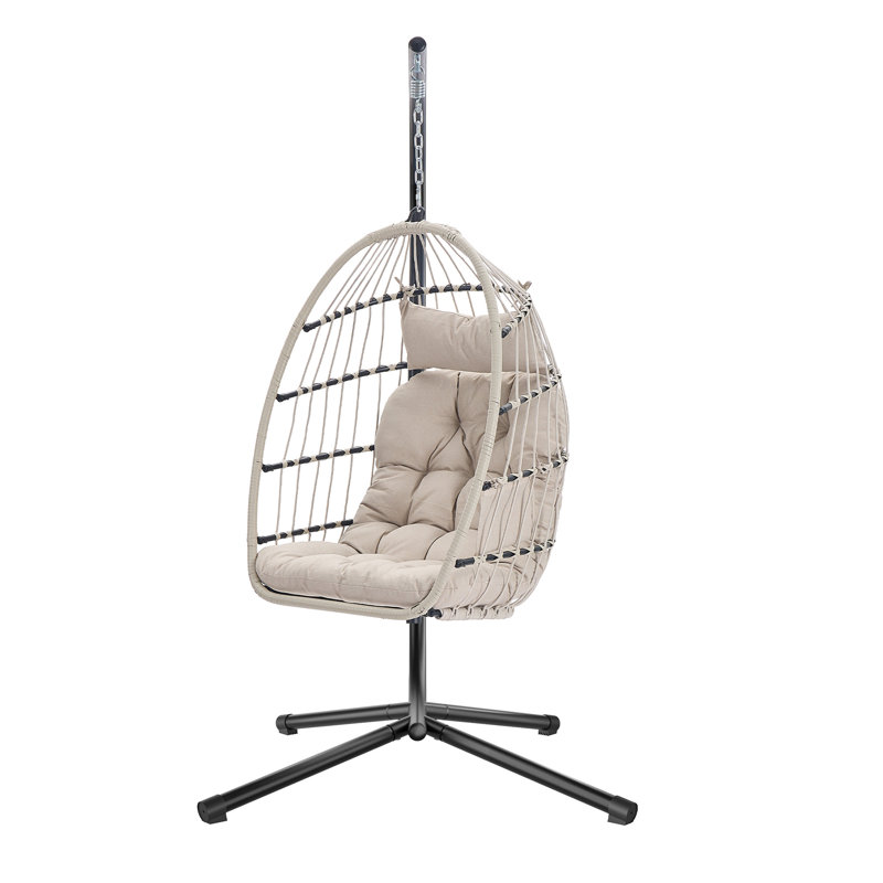 Height-Adjustable Hanging Egg Chair With Stand, Foldable Removable Basket, Cushion, Grey, White