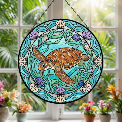 Sea Turtle Stained Glass Window Panel，7.8H
