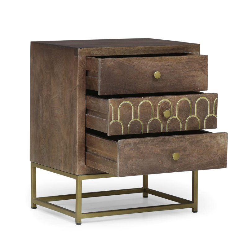 Élégante table de chevet en bois de manguier avec option de rangement moderne et détails en fer