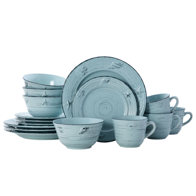 Teal Coastal Ceramic 16-Piece Dinnerware Set with Variegated Glaze