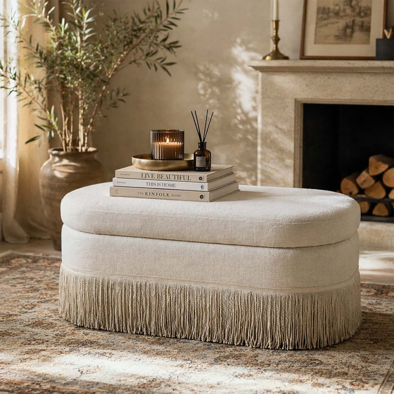 Repose-pieds ovale rembourré avec rangement à franges et couvercle relevable, Beige + noir