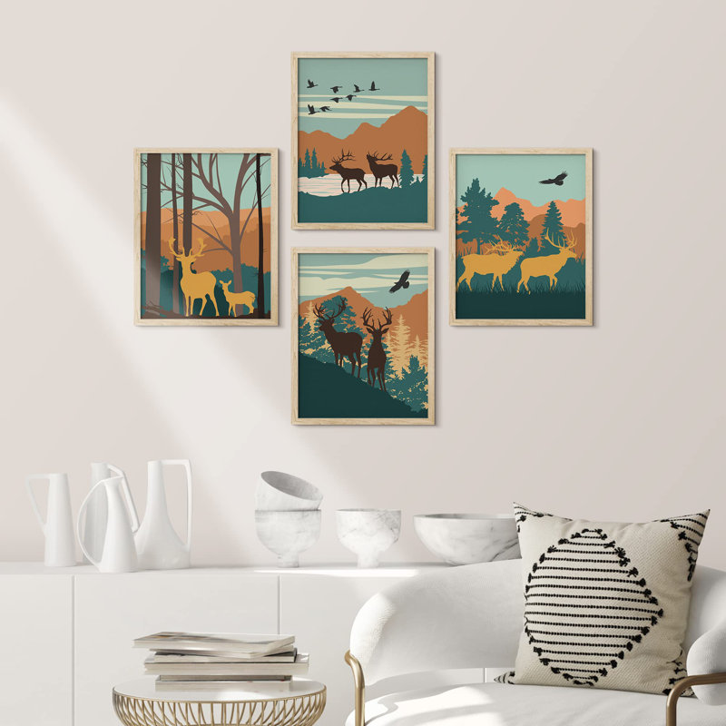 «Mountain Deer Forest», reproduction encadrée sur papier 4 pièces, Naturel, H 14 po x l 11 po