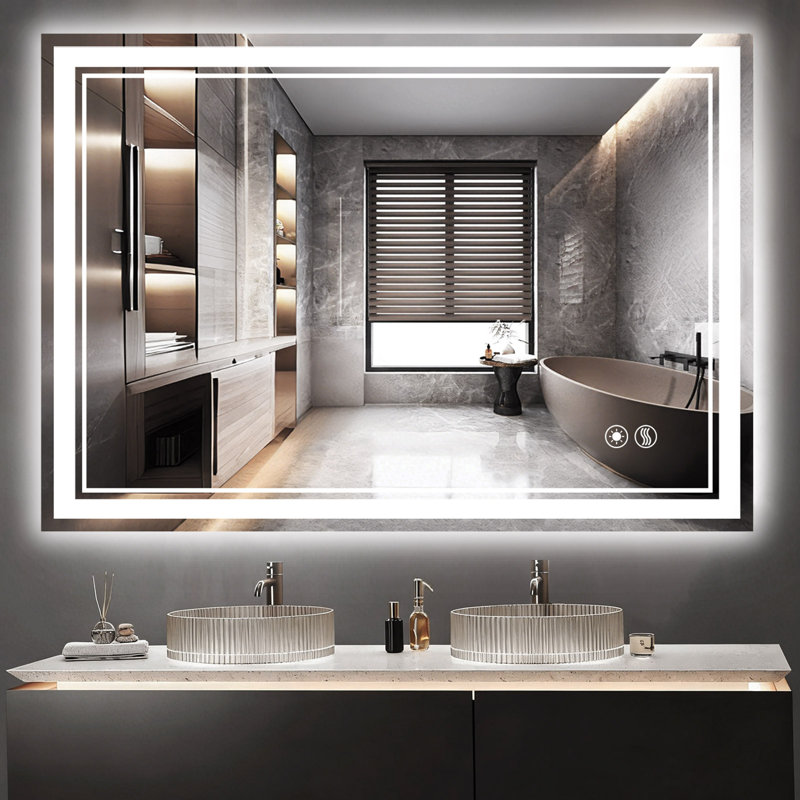 Miroir de salle de bain avec lumières antibrouillard à intensité variable 3 lumières DEL, Rectangulaire, 28 po x 40 po