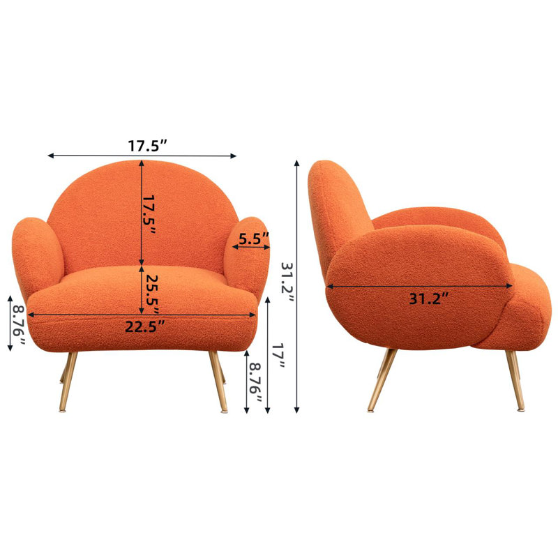 Oziah Sherpa Upholstered Armchair, Modern Accent Chair with Metal Legs, Gold, Orange Velvet