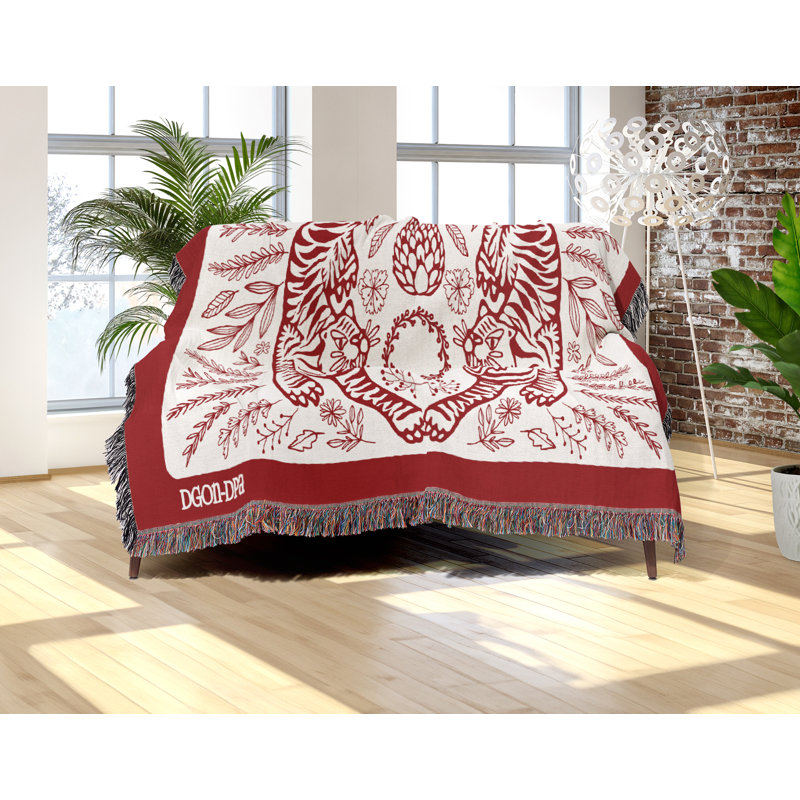 Jeté en mélange de coton Hero Tiger, L 70 po x l 50 po, Rouge, blanc cassé